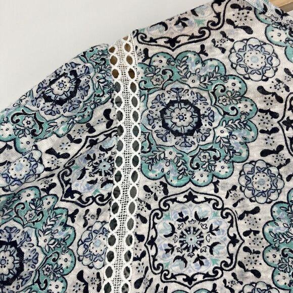 Loft Top Size Large Womens Blue Medallion Print Linen Cut Out Flutter Sleeve Tee - Picture 7 of 9